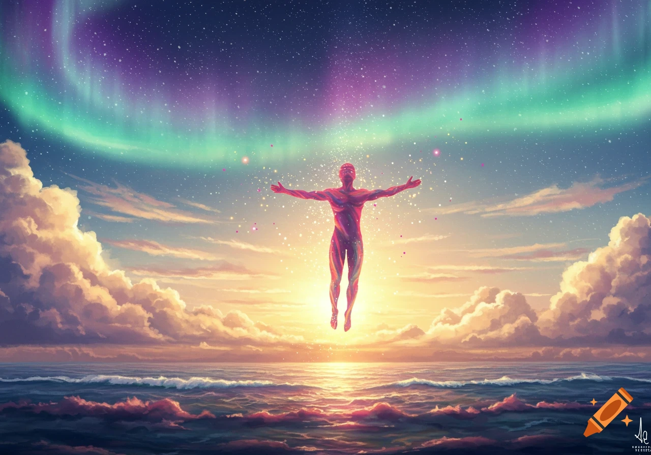 A vibrant, colorful human figure floats above an ocean, arms outstretched, under a cosmic sky with aurora borealis and sunset.