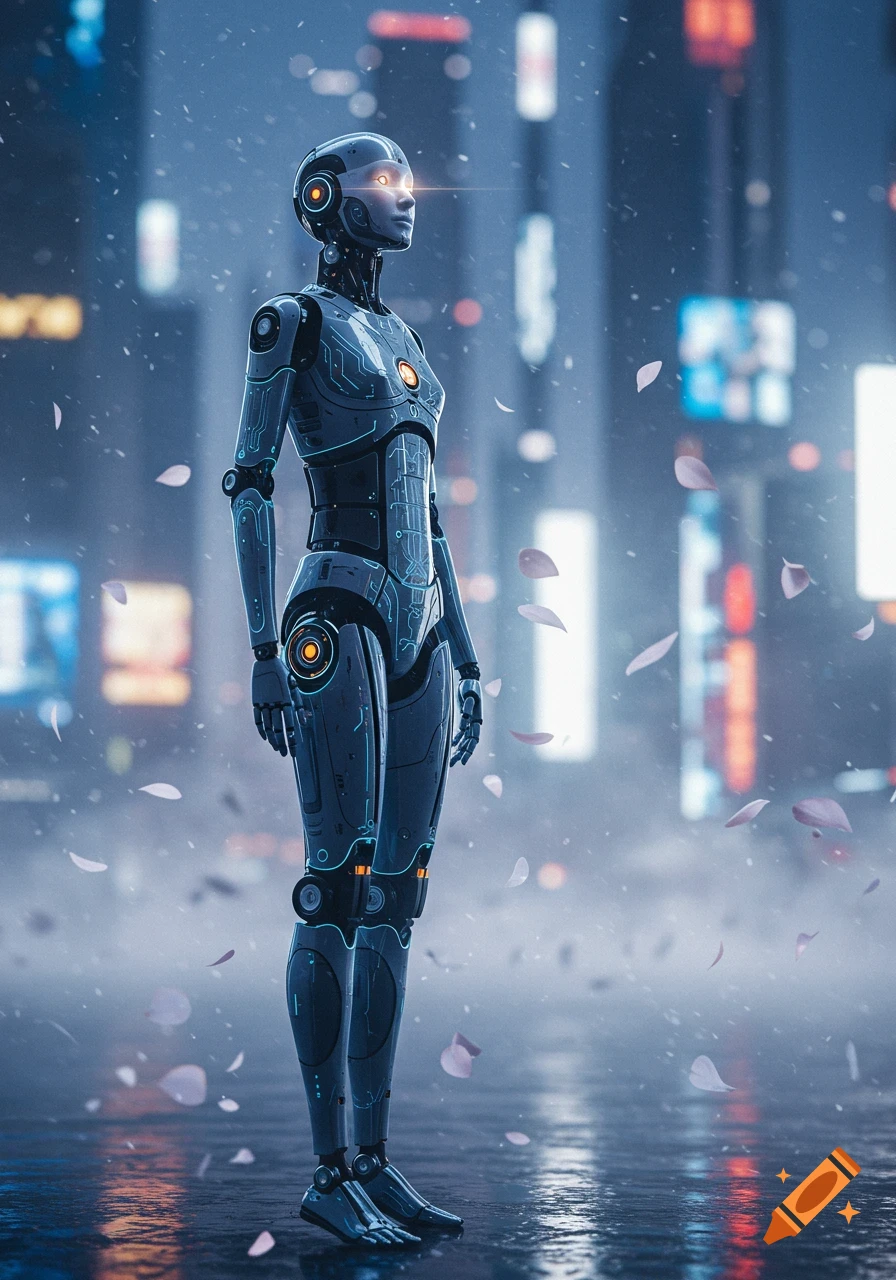 A sleek humanoid robot stands in a rainy, neon-lit cyberpunk city at night, with glowing eyes and circuits.