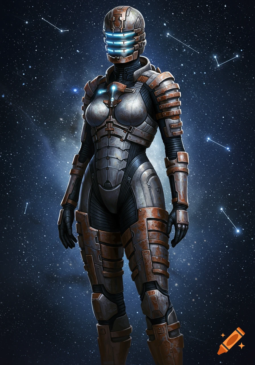 A detailed digital art depiction of a female figure in a weathered, armored space suit standing against a starry cosmic background.