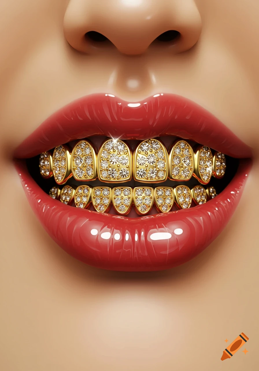 Close-up of a person's mouth with shiny red lips and an elaborate diamond-studded gold grill.
