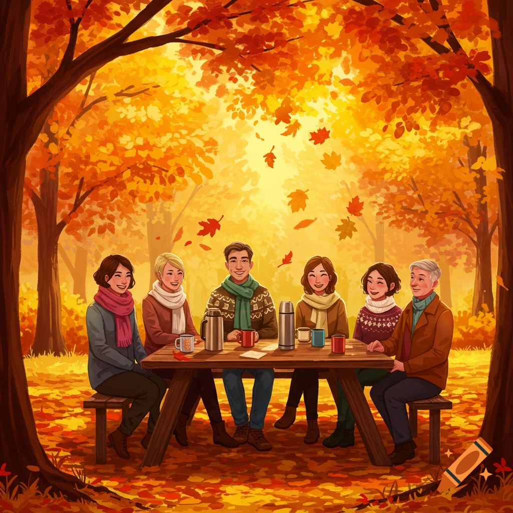 An illustration of six adults in autumn attire sitting at a picnic table surrounded by trees with fall foliage and falling leaves, drinking from mugs.