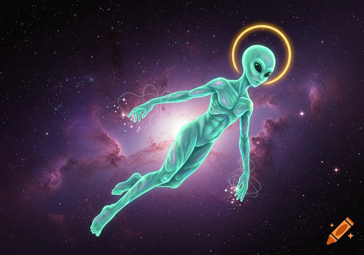 A luminous teal alien with a golden halo floats in a star-filled galaxy with purple nebulae, emitting sparkling light from its hands.