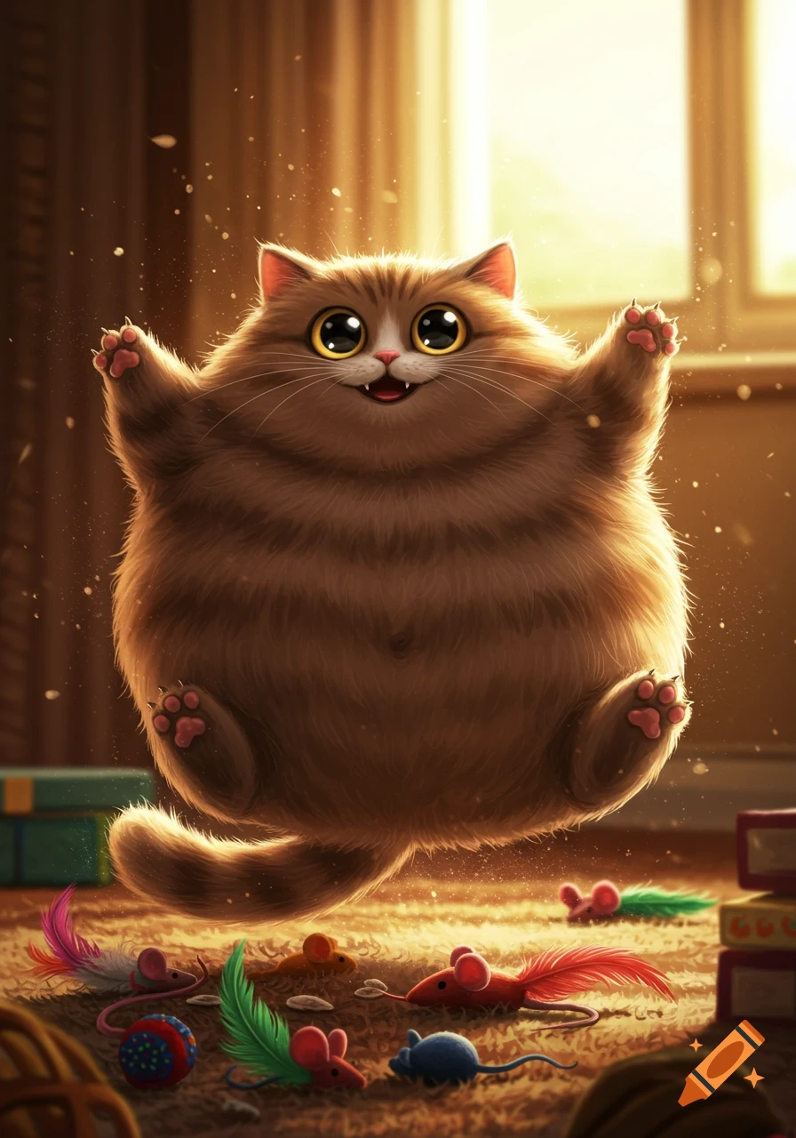 A fluffy, round, cartoon cat with big eyes leaps playfully above colorful mouse and feather toys in a warm, sunlit room.