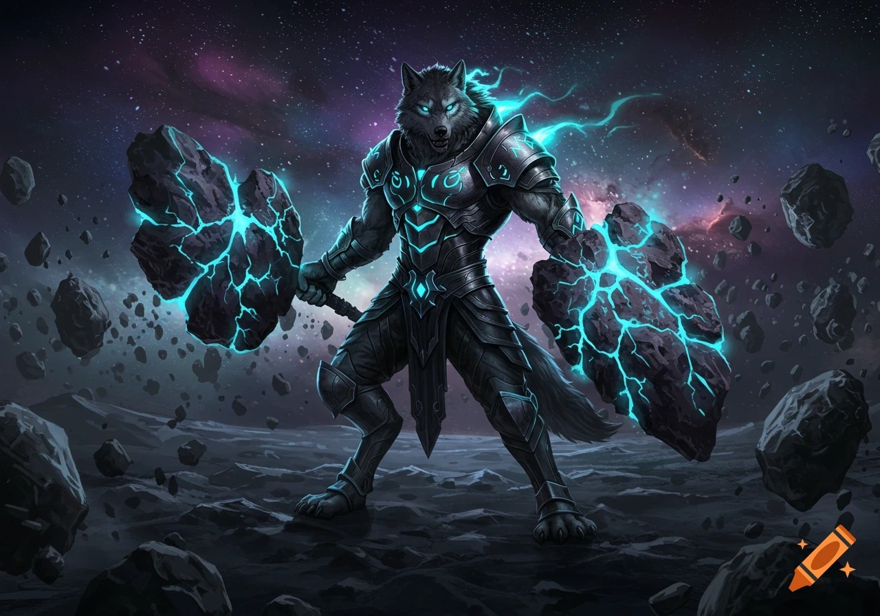 A grey wolf warrior in dark armor wields glowing blue rock weapons in a cosmic asteroid field, fantasy art style.