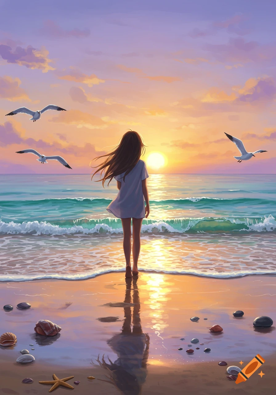 Anime style illustration of a girl standing on a beach at sunset, looking out at the ocean with seagulls flying above.