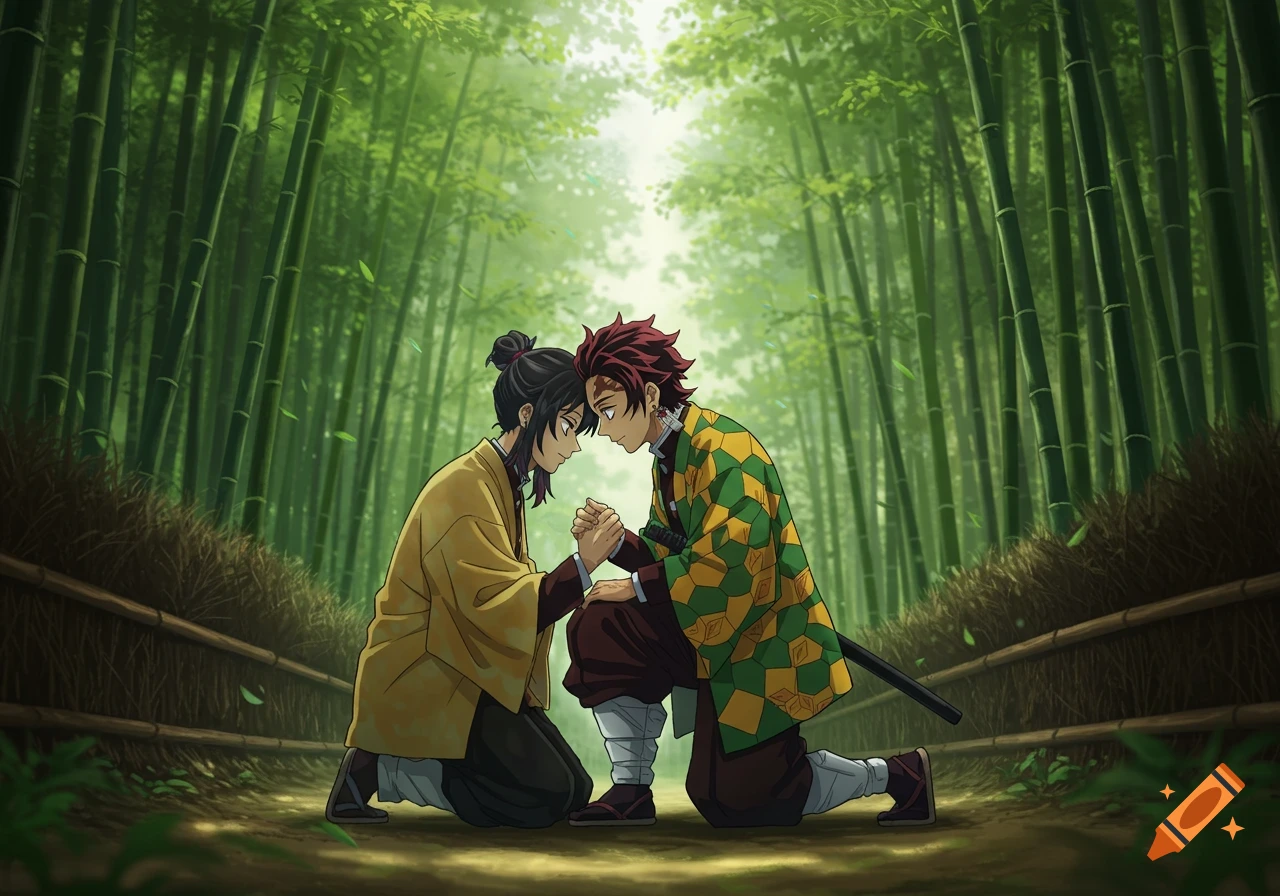 Two anime characters kneel and hold hands, touching foreheads in a lush bamboo forest.