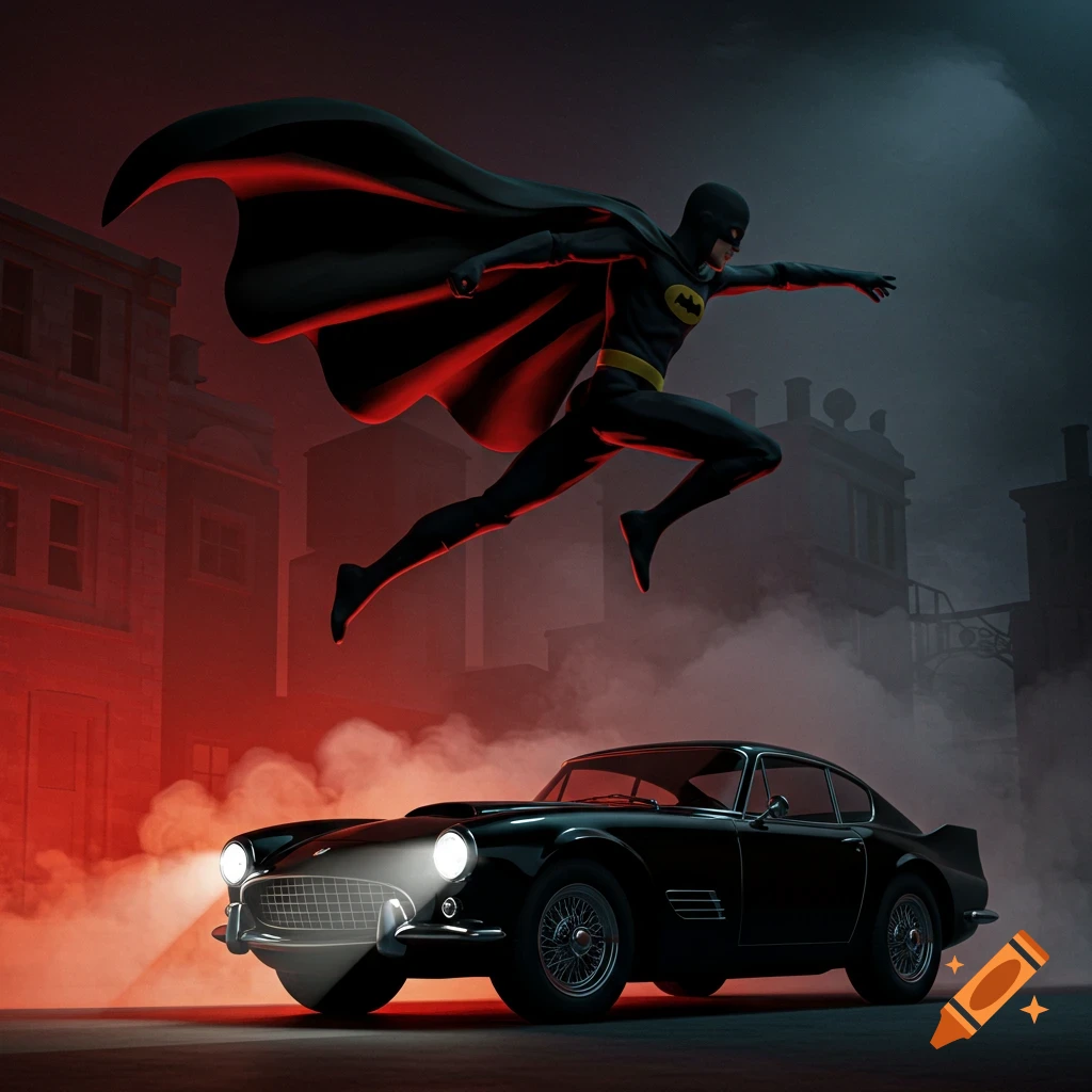 A Batman-like superhero in a black cape with a yellow emblem leaps over a black vintage sports car with bright headlights in a dark, smoky city street with red and blue lighting, in a pulp comic book style.