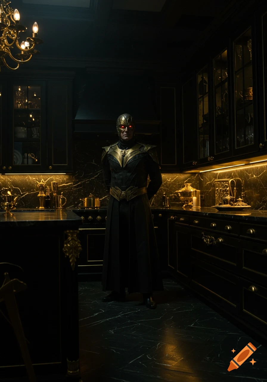 A photorealistic image of a super villain in a black and gold armored costume with glowing red eyes, standing in a luxurious, dark kitchen.