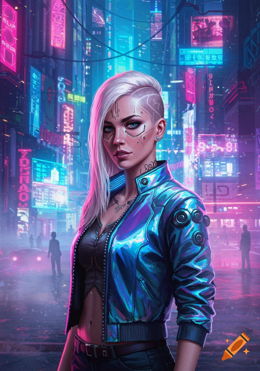Cyberpunk woman with white hair and shaved sides, cybernetic facial implants, wearing a metallic blue jacket in a neon-lit city.