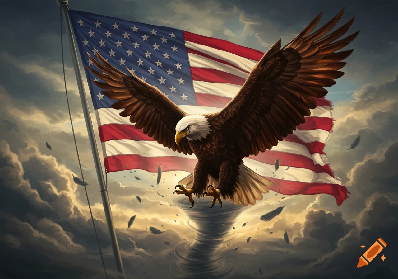 Illustrative painting of a bald eagle soaring above a tornado with a flowing American flag in the background under a cloudy sky.