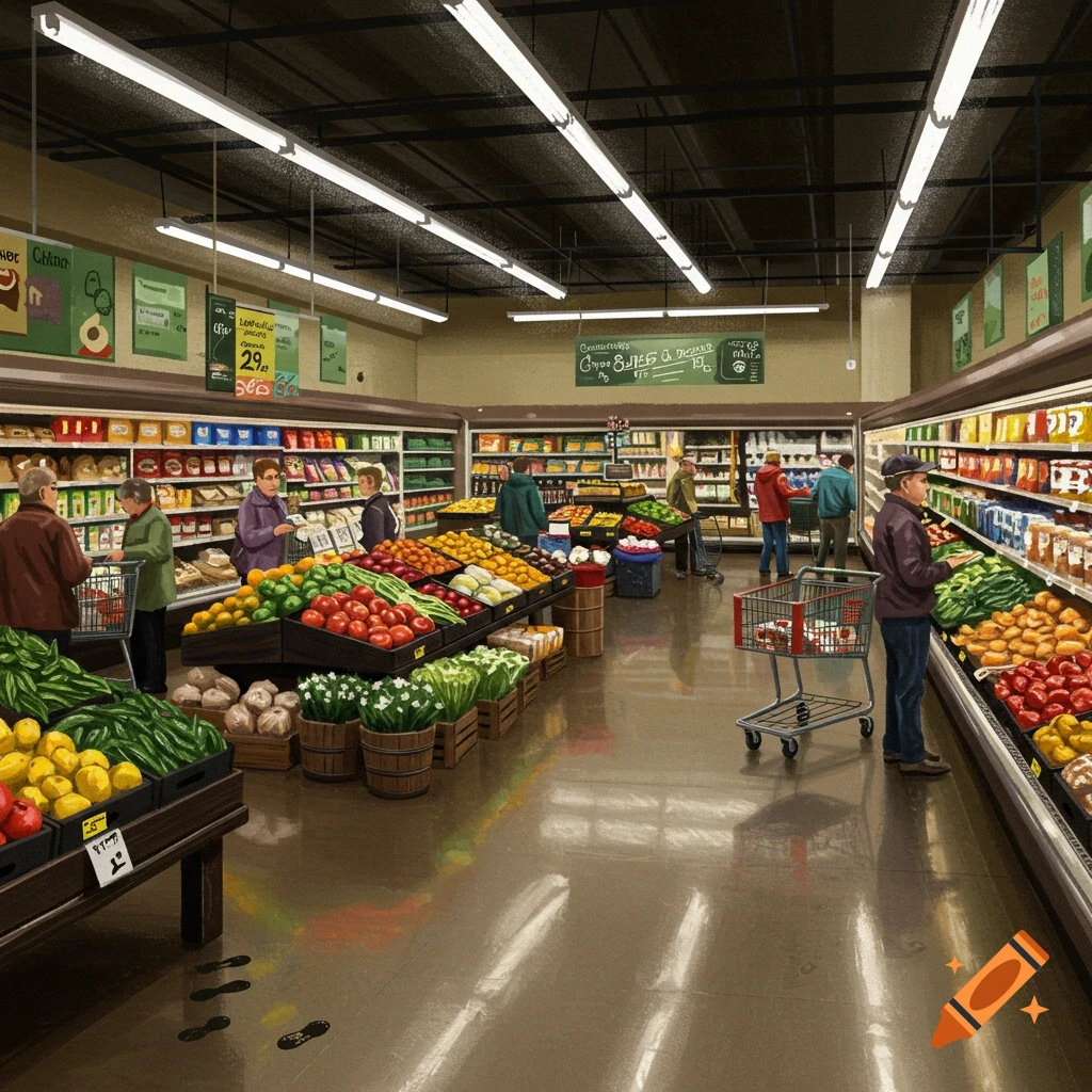 An illustration of a busy grocery store, with various customers browsing shelves filled with fresh produce and packaged goods.