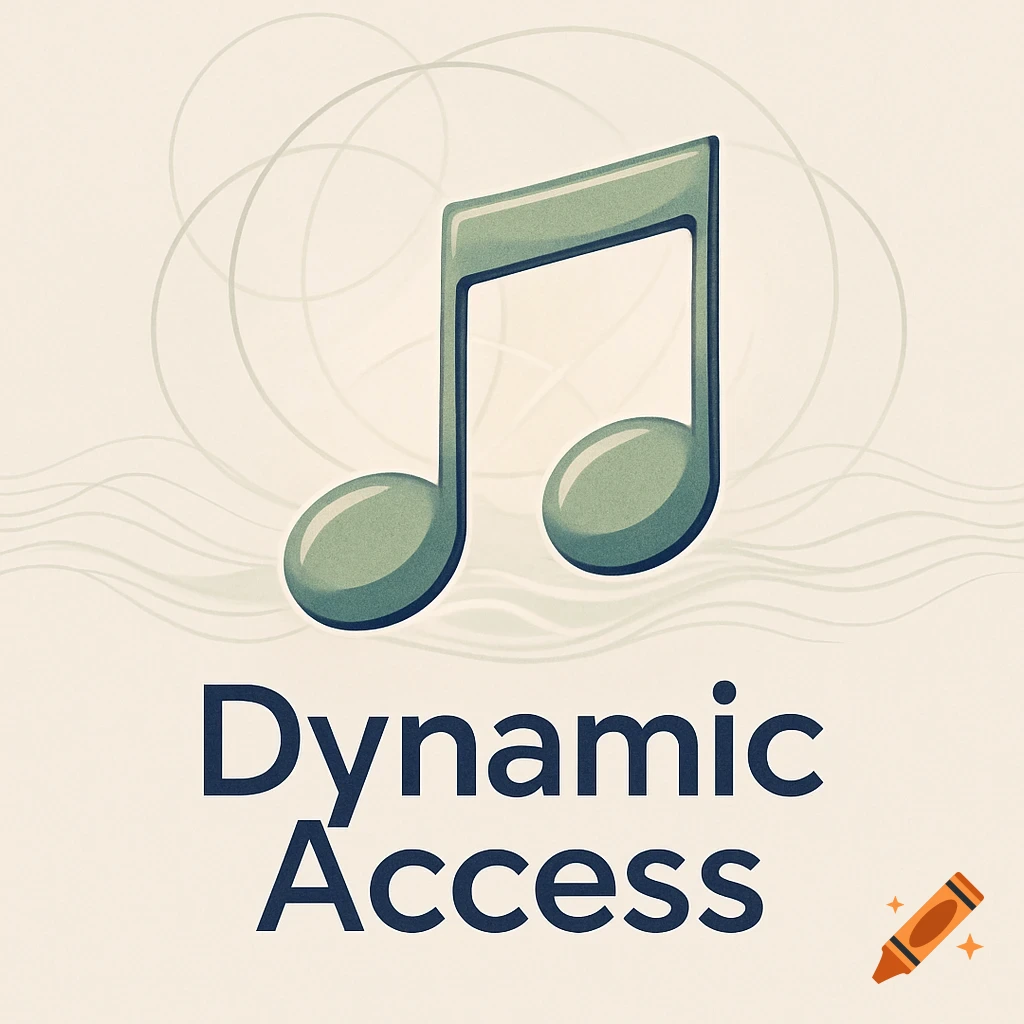 A sage green musical note above navy text 'Dynamic Access' on a cream background with subtle circles and waves.