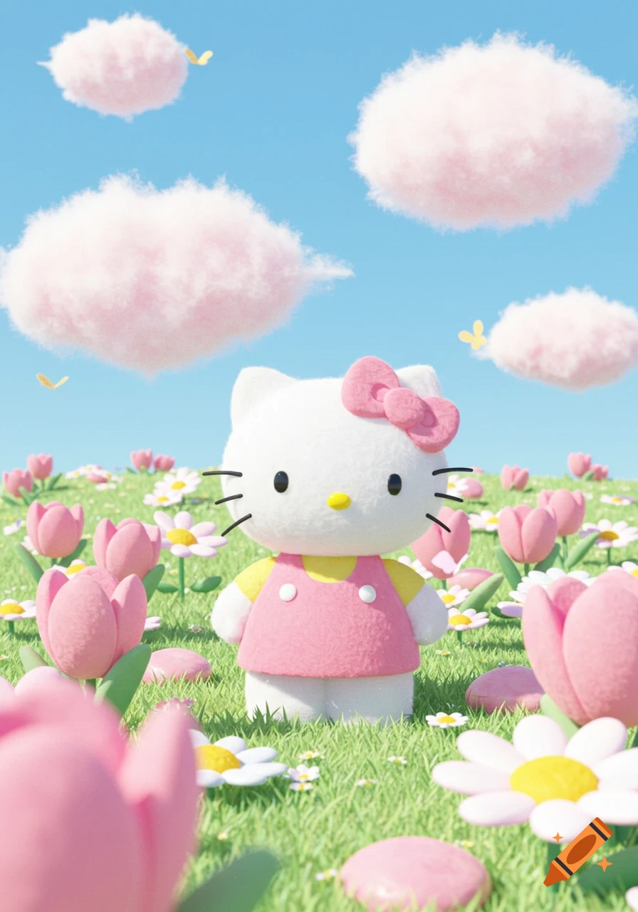 Hello Kitty in a cute 3D rendered field of pink tulips, white daisies, fluffy pink clouds, and yellow butterflies.