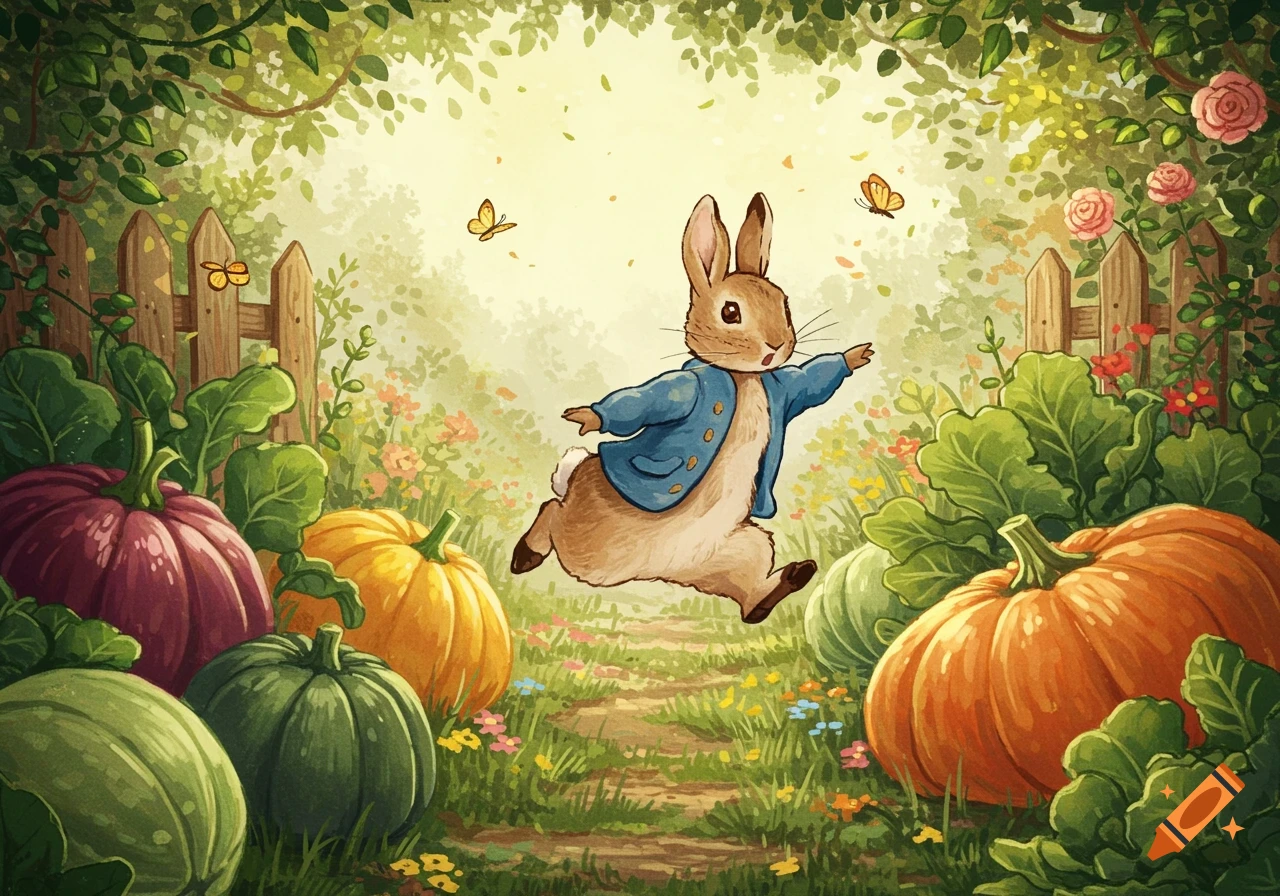 Watercolor illustration of Peter Rabbit running through a vibrant garden with giant pumpkins and cabbages, butterflies fluttering.