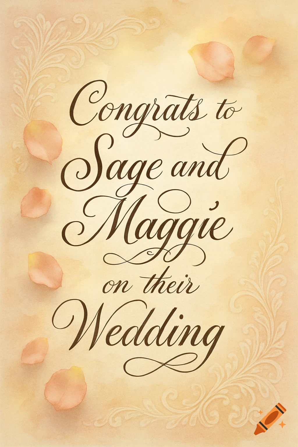 An elegant wedding invitation card with 'Congrats to Sage and Maggie on their Wedding' in cursive, surrounded by rose petals and flourishes.
