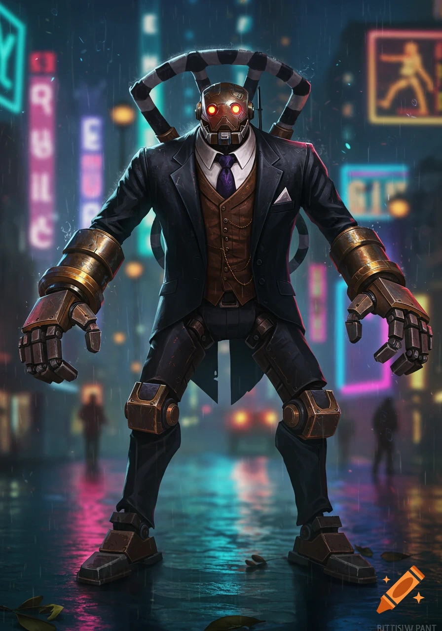 A tall, bipedal robot in a black debonair suit and waistcoat, with glowing red eyes, stands on a wet, rainy street with blurry neon city lights in the background.