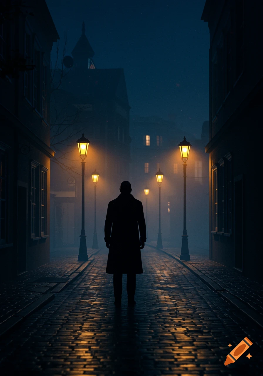 A dark silhouette of a man standing on a cobblestone street at night, illuminated by glowing streetlamps in a foggy, mysterious city scene.