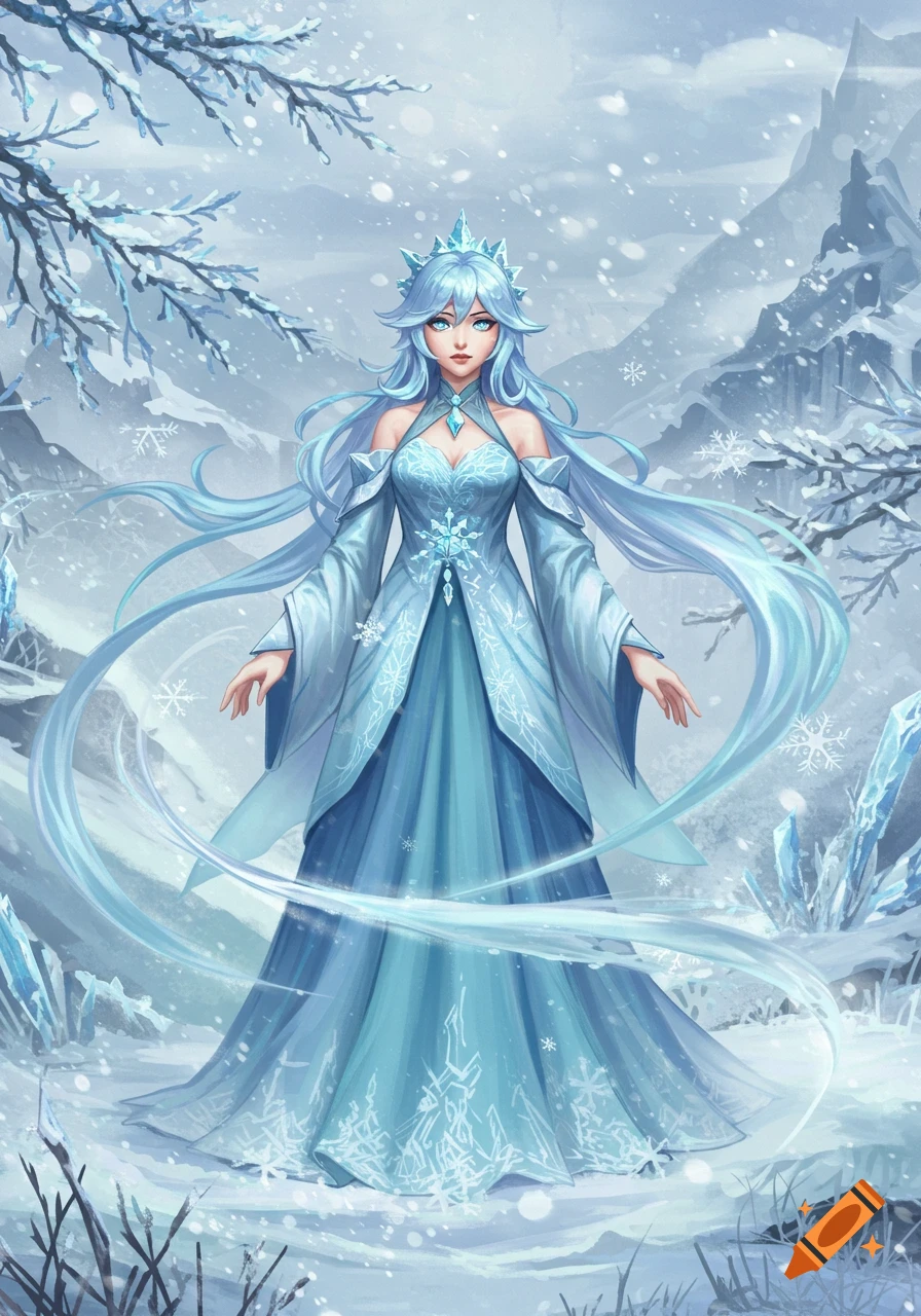 An anime-style ice queen with long blue hair and a crown, wearing a blue and white dress, stands in a snowy mountain landscape with ice crystals.
