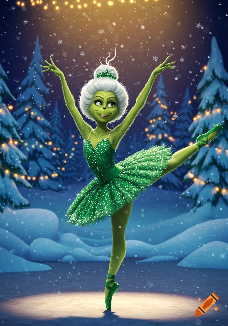 A female Grinch-like character in a sparkly green ballerina costume dances en pointe in a snowy winter forest with festive lights.