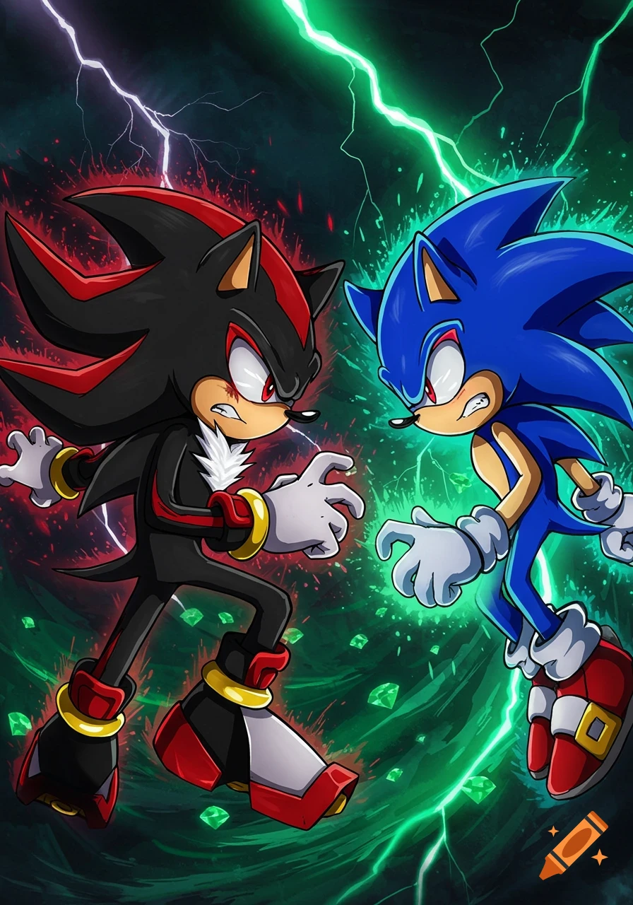 Sonic and Shadow the Hedgehog confront each other amidst green and red lightning and energy, anime style.