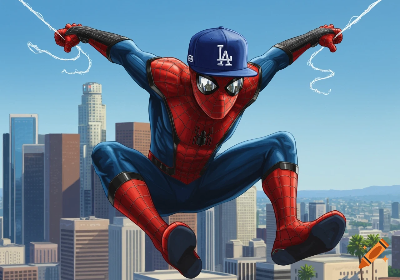 Spider-Man in his classic red and blue suit, wearing a blue baseball cap with a white 'LA' logo, leaping above a city skyline.