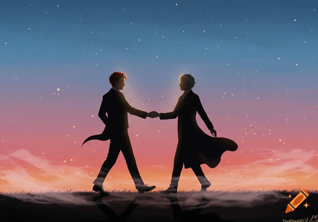Two silhouetted men in long coats holding hands, walking across a misty landscape under a star-filled sunset sky. Stylized art.