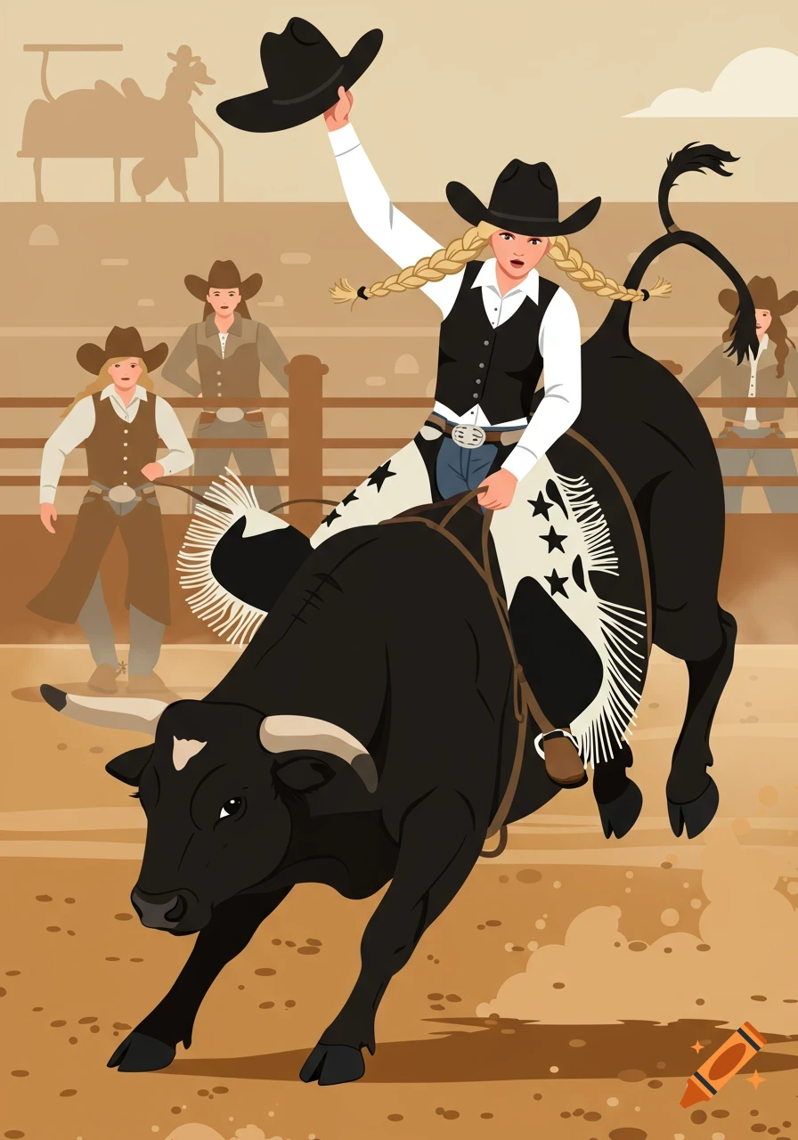 An illustration of a blonde cowgirl in a black vest and star-patterned chaps riding a bucking black bull in a rodeo arena, raising her hat in triumph.
