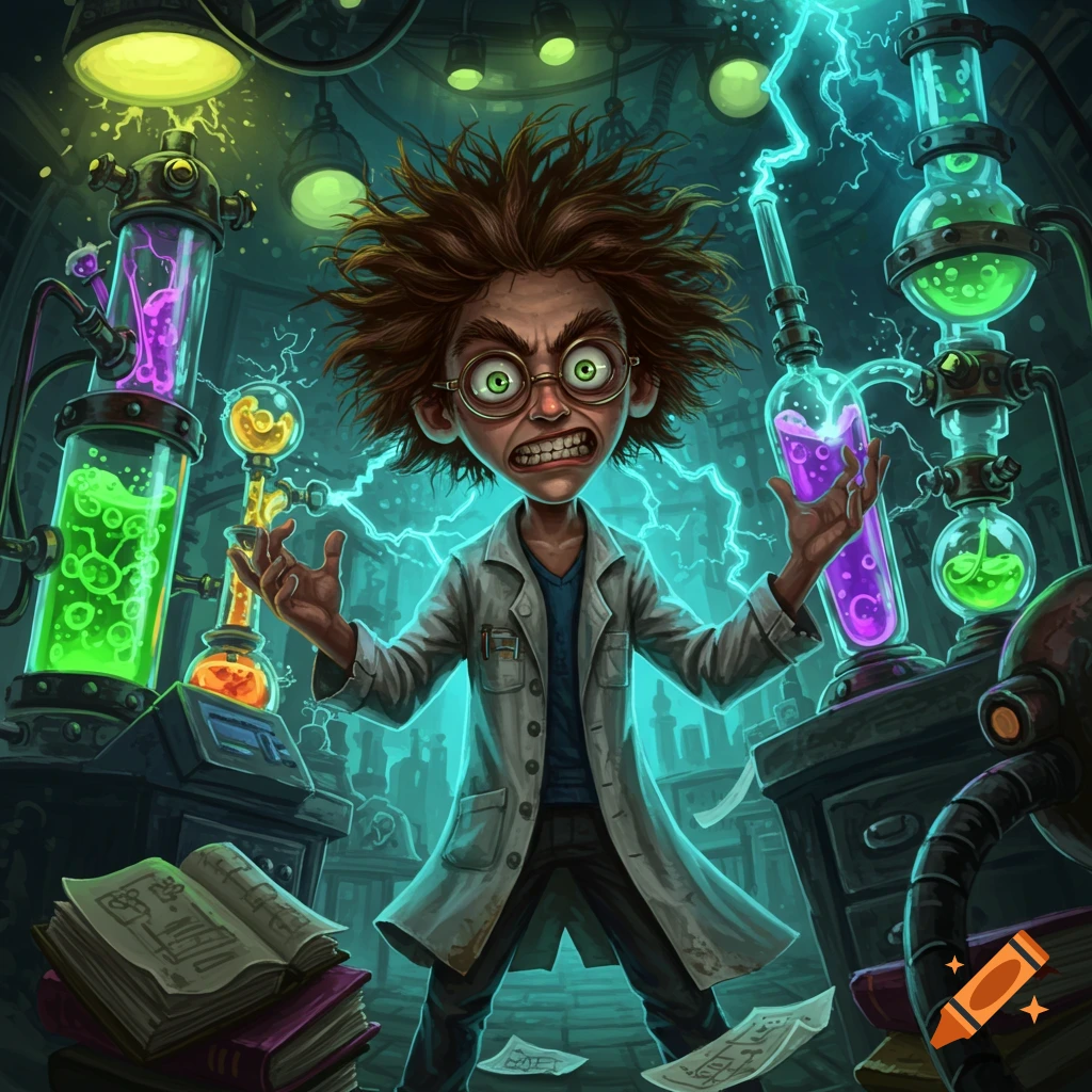 Cartoon illustration of a wide-eyed, wild-haired mad scientist in a laboratory filled with glowing chemicals and electrical currents.