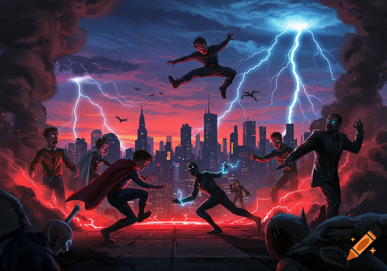 Dynamic comic-style battle with superheroes and other figures fighting over a dark city under a stormy, lightning-filled sky.