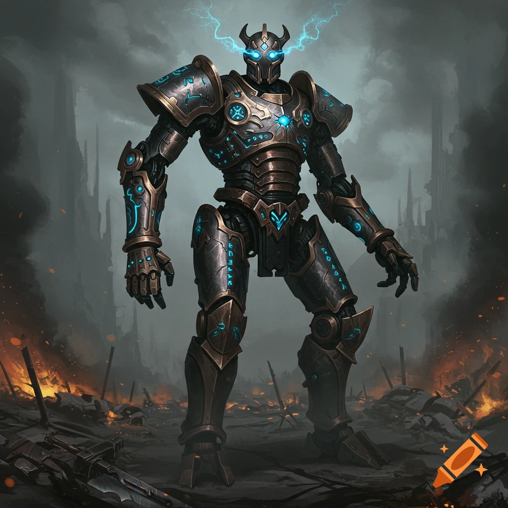 An imposing, armored robot with glowing blue eyes and patterns, lightning from its head, standing on a burning battlefield.