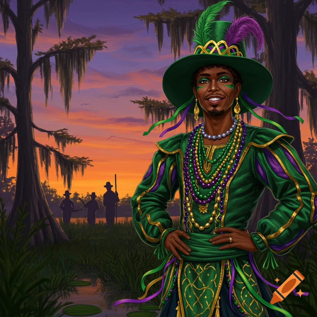 A smiling person in green and purple Mardi Gras attire, adorned with beads and a feathered hat, stands in a swamp at sunset.