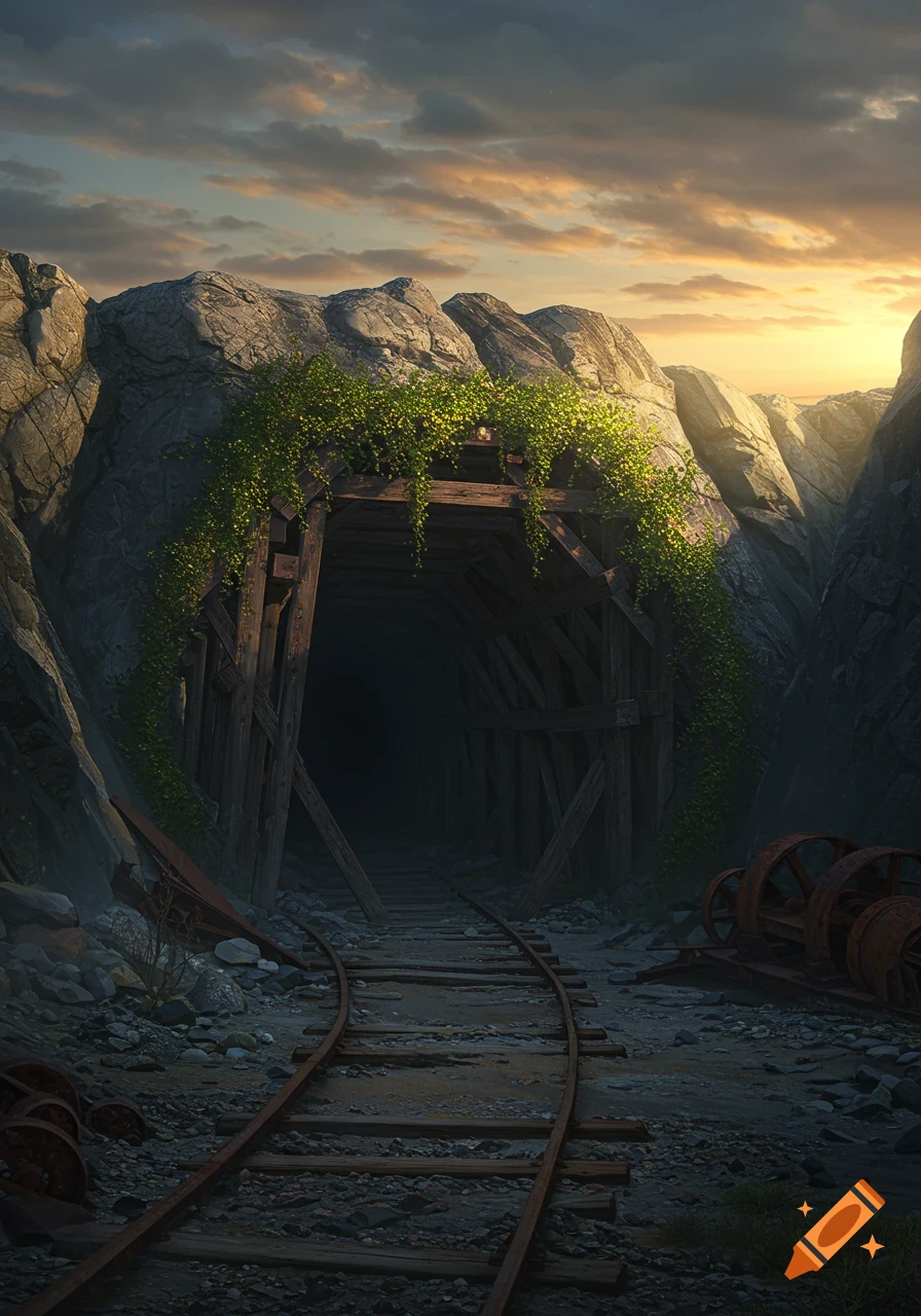 An old mine entrance with wooden supports and green vines, railway tracks lead into a dark tunnel. Rocky cliffs and rusty equipment under a sunset sky.