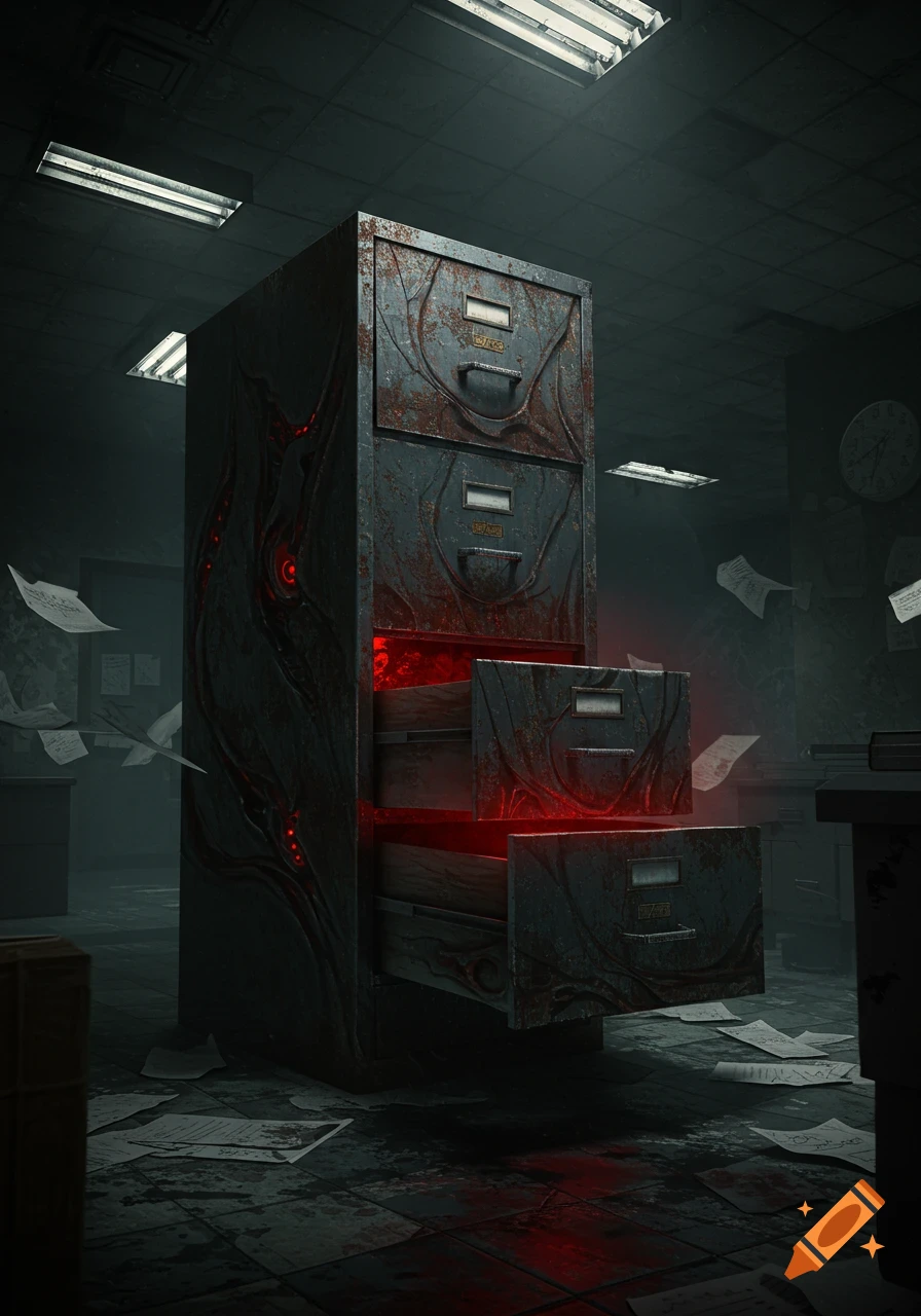 A dark, rusty, grotesque file cabinet with glowing red open drawers in a dim, decaying office with scattered papers, horror style.