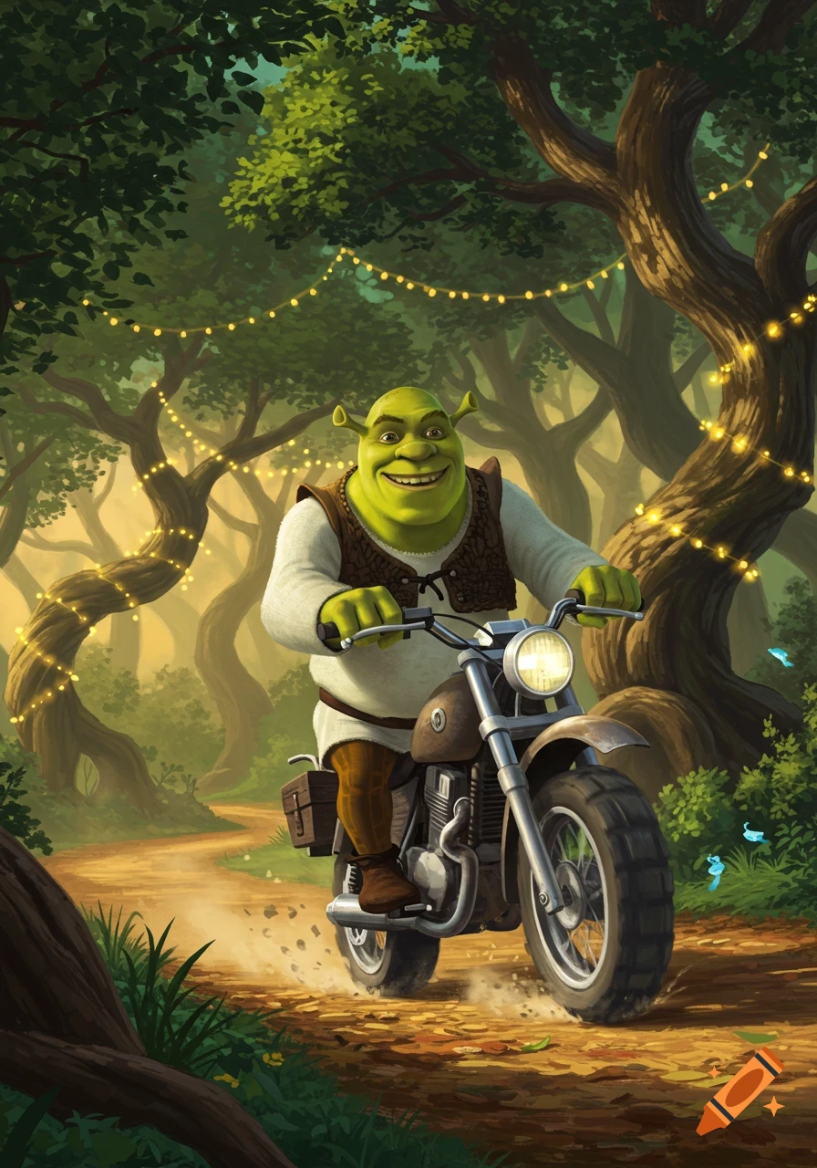 Shrek on a motorcycle, smiling and riding down a dirt path in a whimsical forest with string lights.