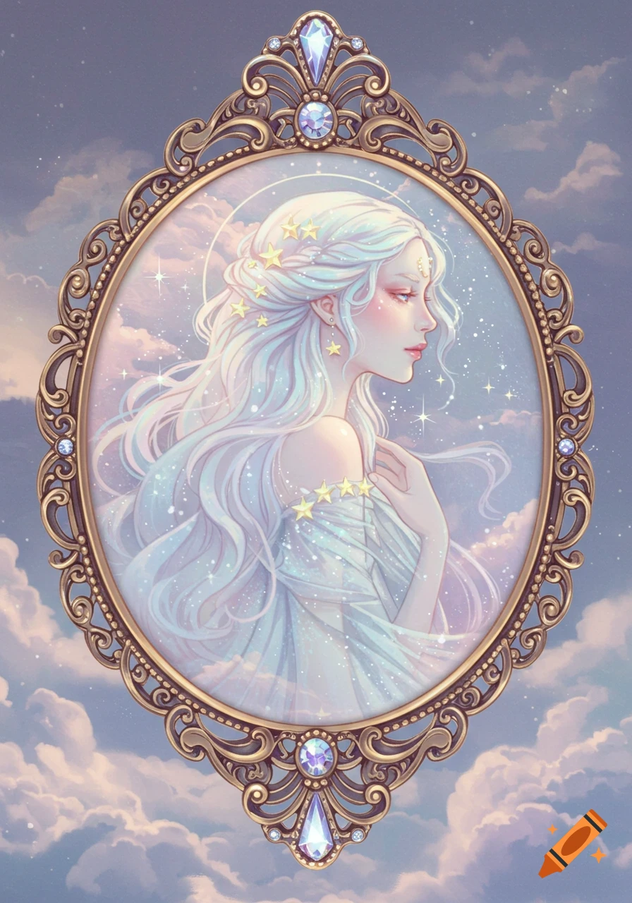 Ethereal woman with white hair and stars, in an ornate golden cameo frame against a cloudy sky.