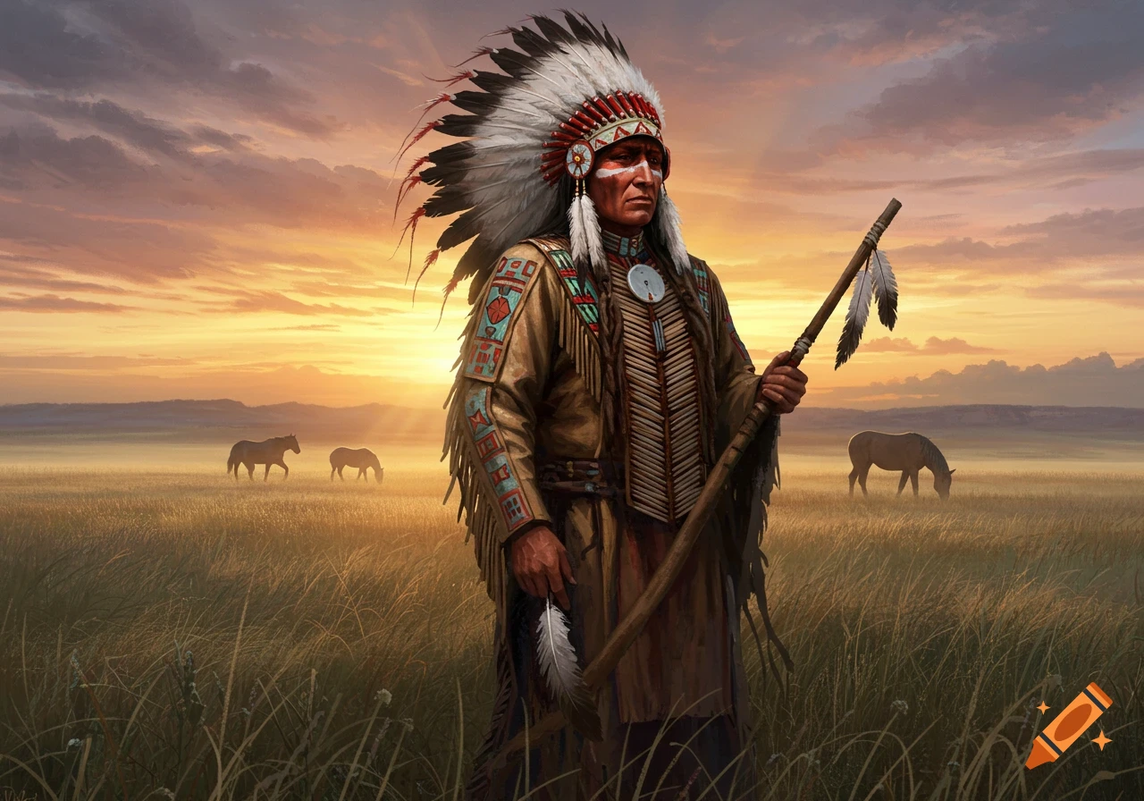Majestic Native American chief in a feathered headdress holds a staff in a grassy field with horses at sunset, photorealistic.