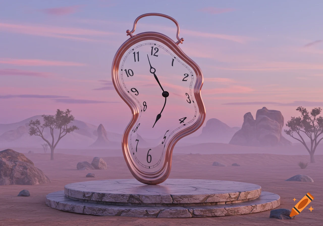 A melting clock on a stone pedestal in a surreal, hazy desert landscape with sparse trees and mountains under a pink and purple sky.