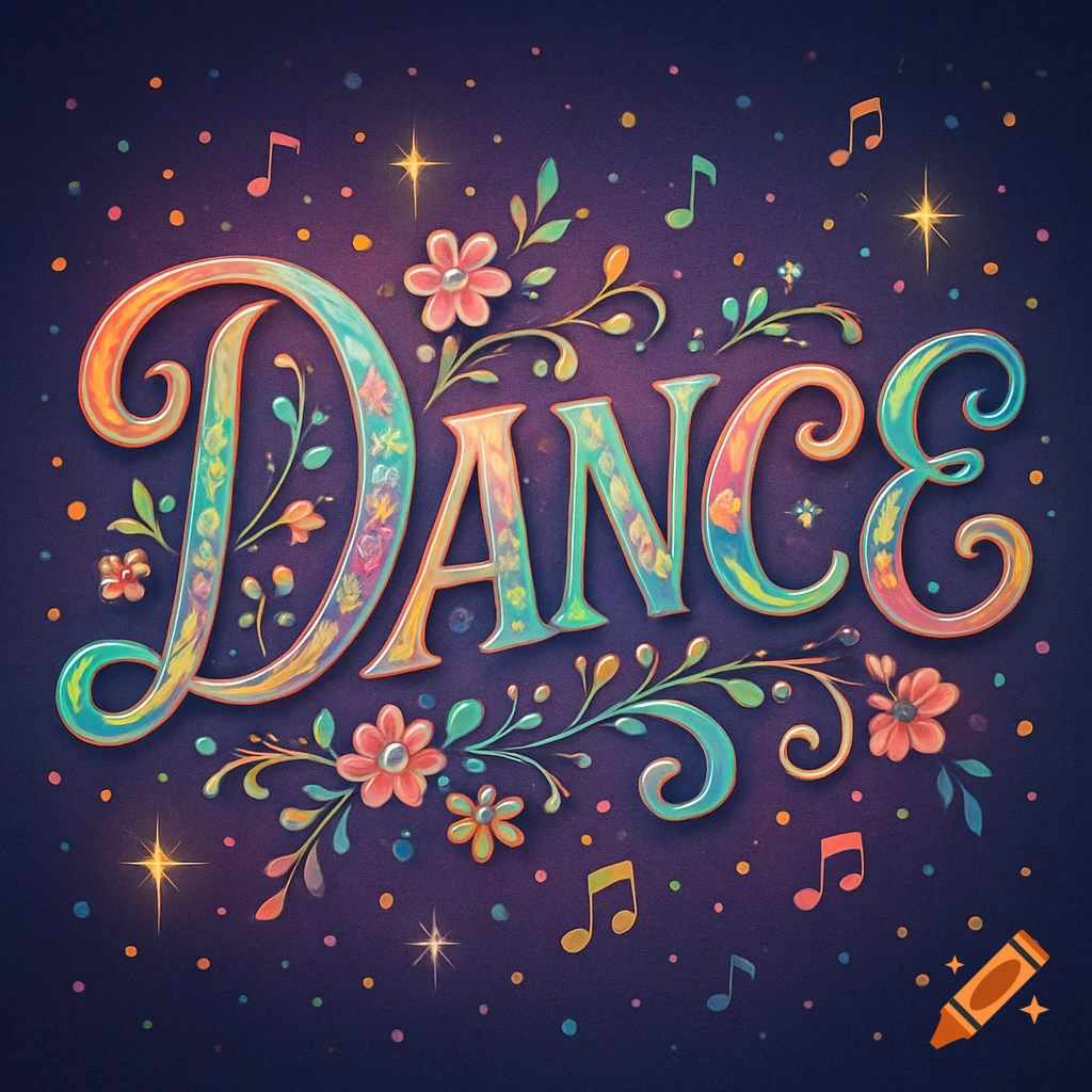 Vibrant, decorative 'DANCE' lettering adorned with flowers, leaves, musical notes, and stars on a dark background.