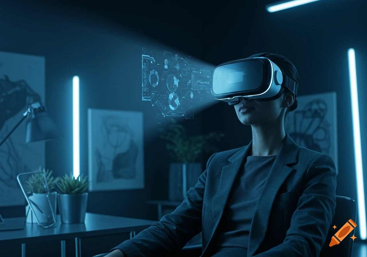 A woman in a business suit wears a VR headset, interacting with a glowing blue holographic data interface in a dark, futuristic room.
