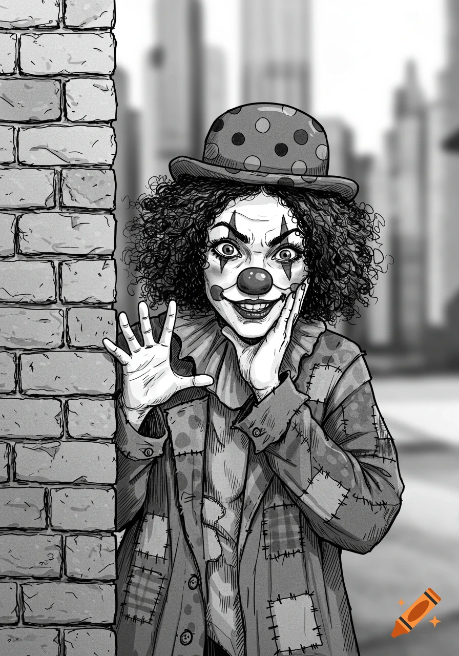 Black and white sketch of a female hobo clown with curly hair, polka dot hat, and patched coat, peeking from behind a brick wall with a mischievous smile.