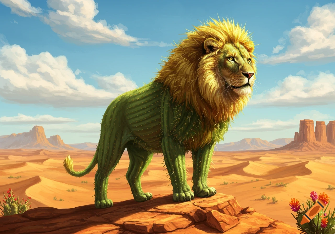 A stylized lion with a green cactus body and golden mane stands on a rock in a desert with mesas.