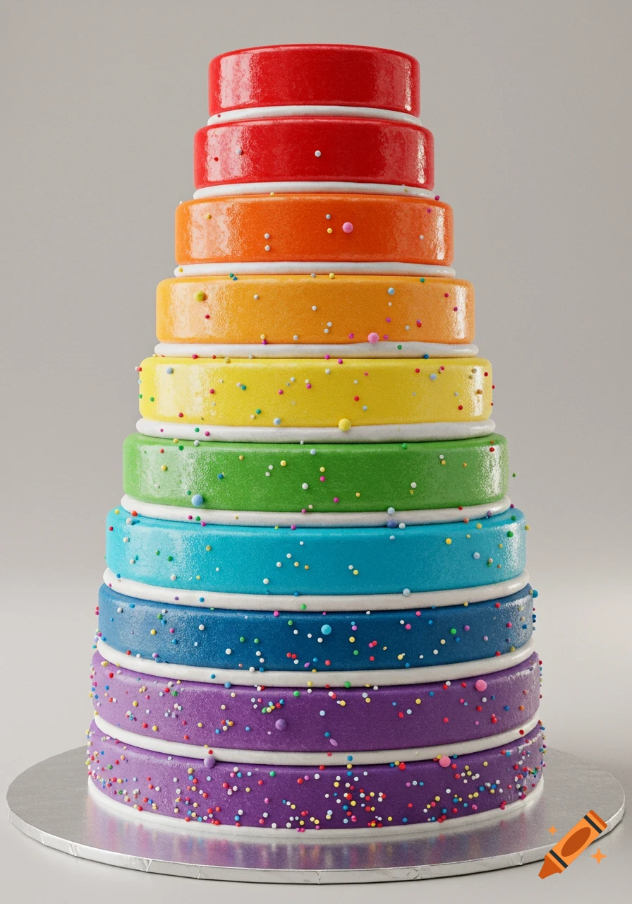 A tall 9-tier rainbow cake with colorful layers, shiny frosting, and various sprinkles, on a silver cake board.