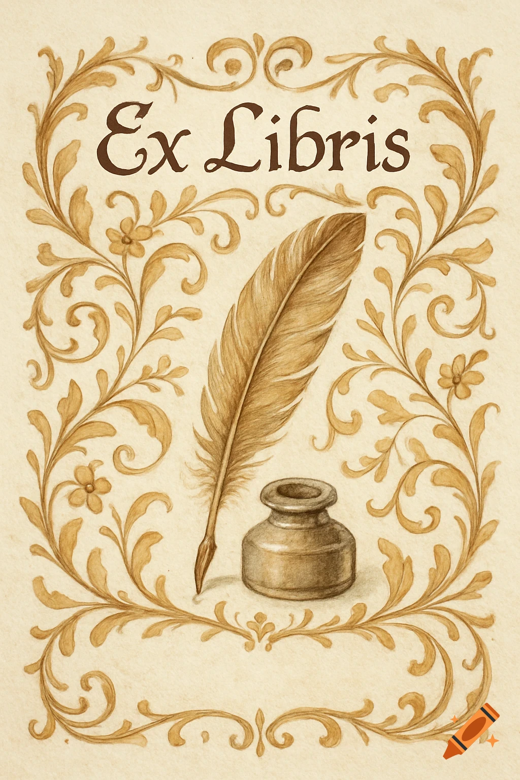 Vintage 'Ex Libris' bookplate with a brown quill, inkwell, and ornate floral border on a light background.