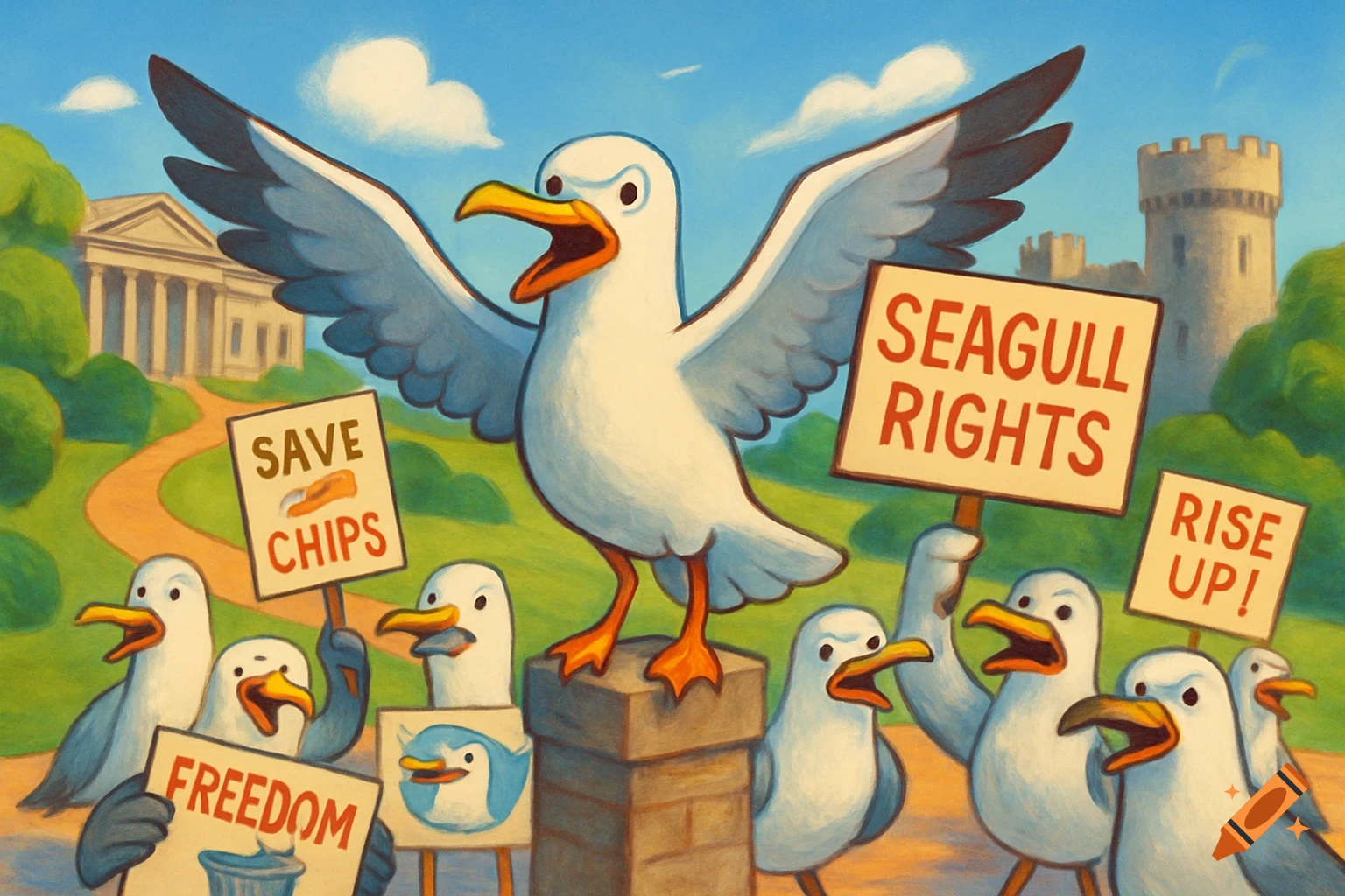 Cartoon seagulls protest with signs on Constitution Hill, featuring 'SEAGULL RIGHTS' and 'SAVE CHIPS', in a painterly style.