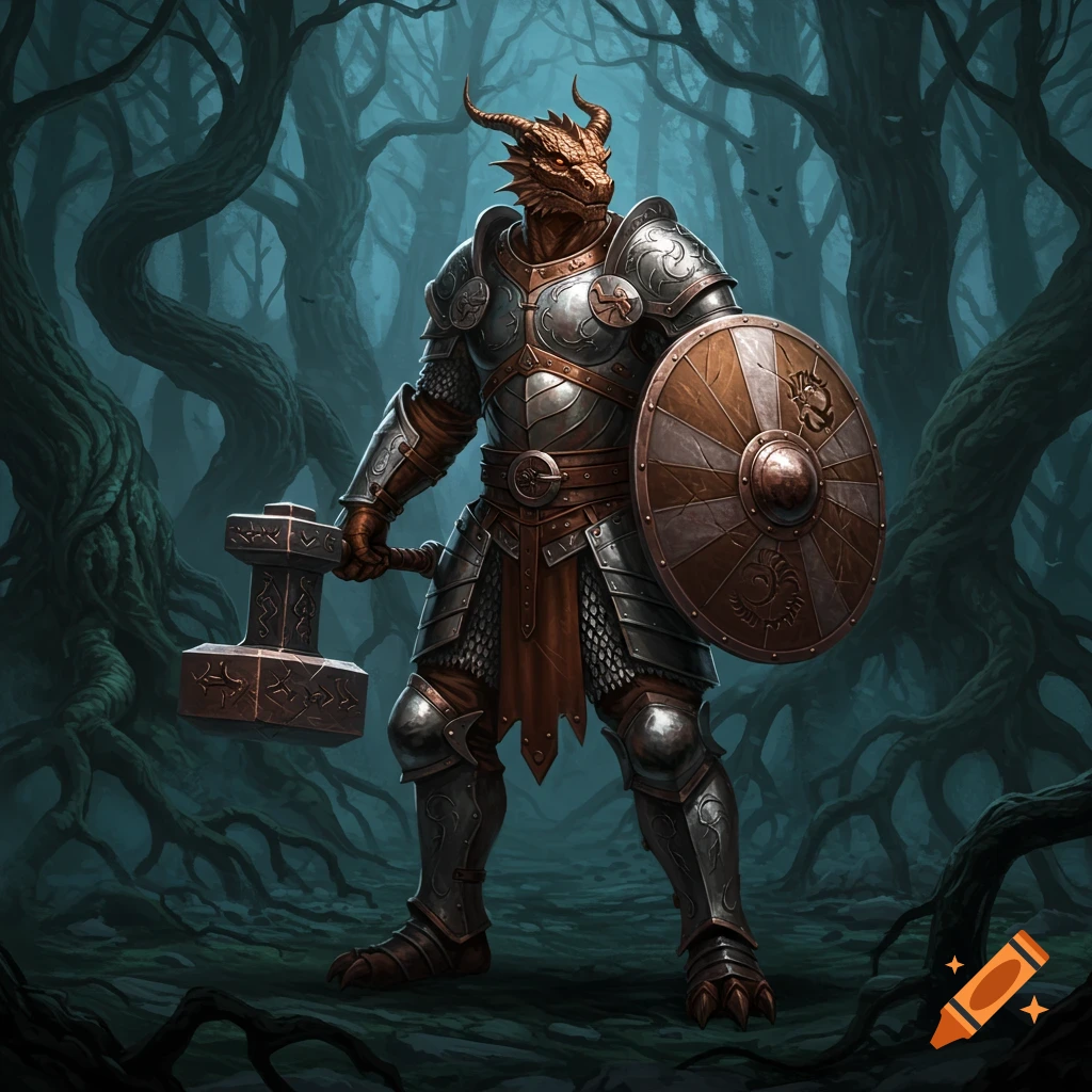 A bronze Dragonborn in silver armor stands in a dark forest, holding a hammer and a shield. Detailed fantasy art.