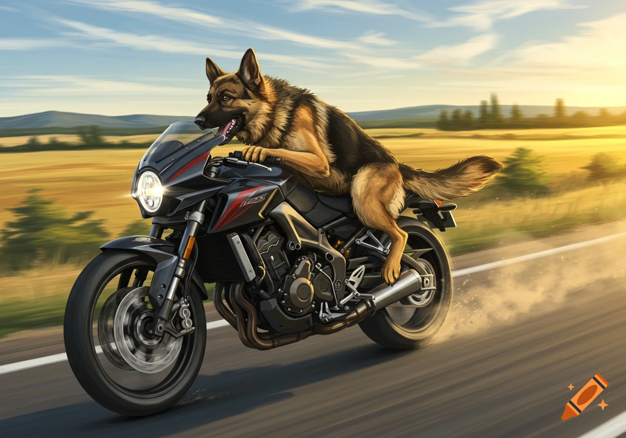 A German Shepherd dog, with its tongue out, rides a black and red motorcycle at high speed down a road, with fields blurring in the background under a sunset sky, in an illustrative style.