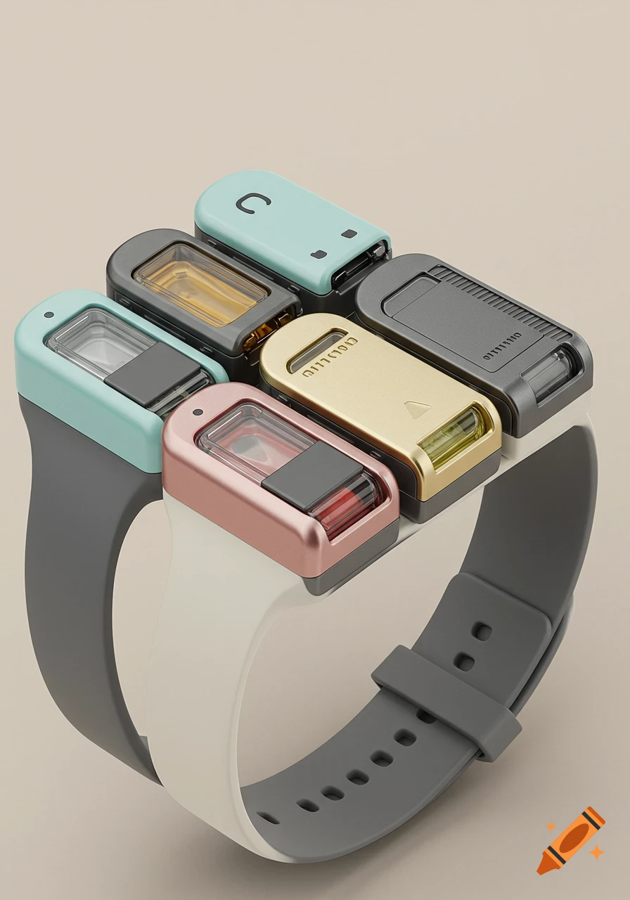 Close-up of a modern wearable device with a gray and white band, featuring six colorful, rectangular aromatherapy cartridges in various metallic and pastel hues, arranged on top.
