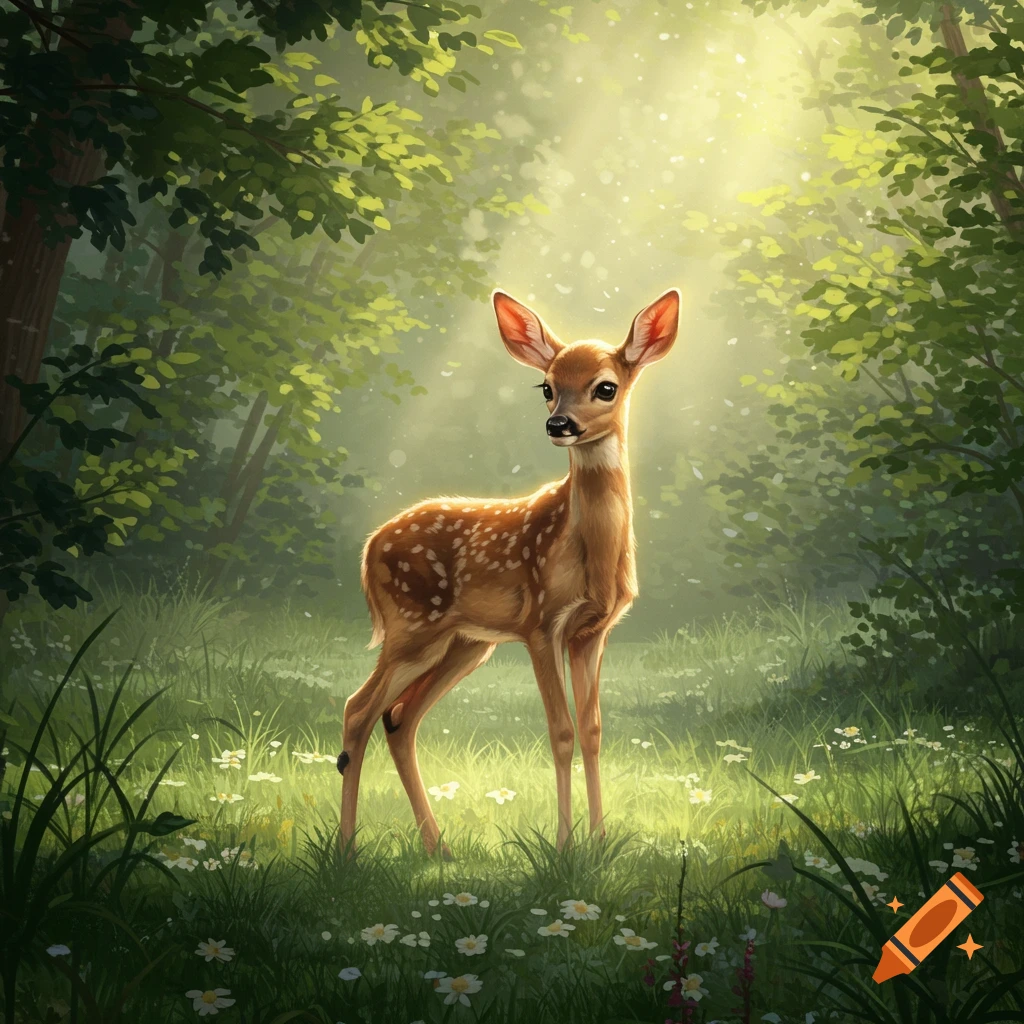 A cute fawn stands in a serene, sunlit forest clearing with green grass and white flowers, in a detailed illustration.