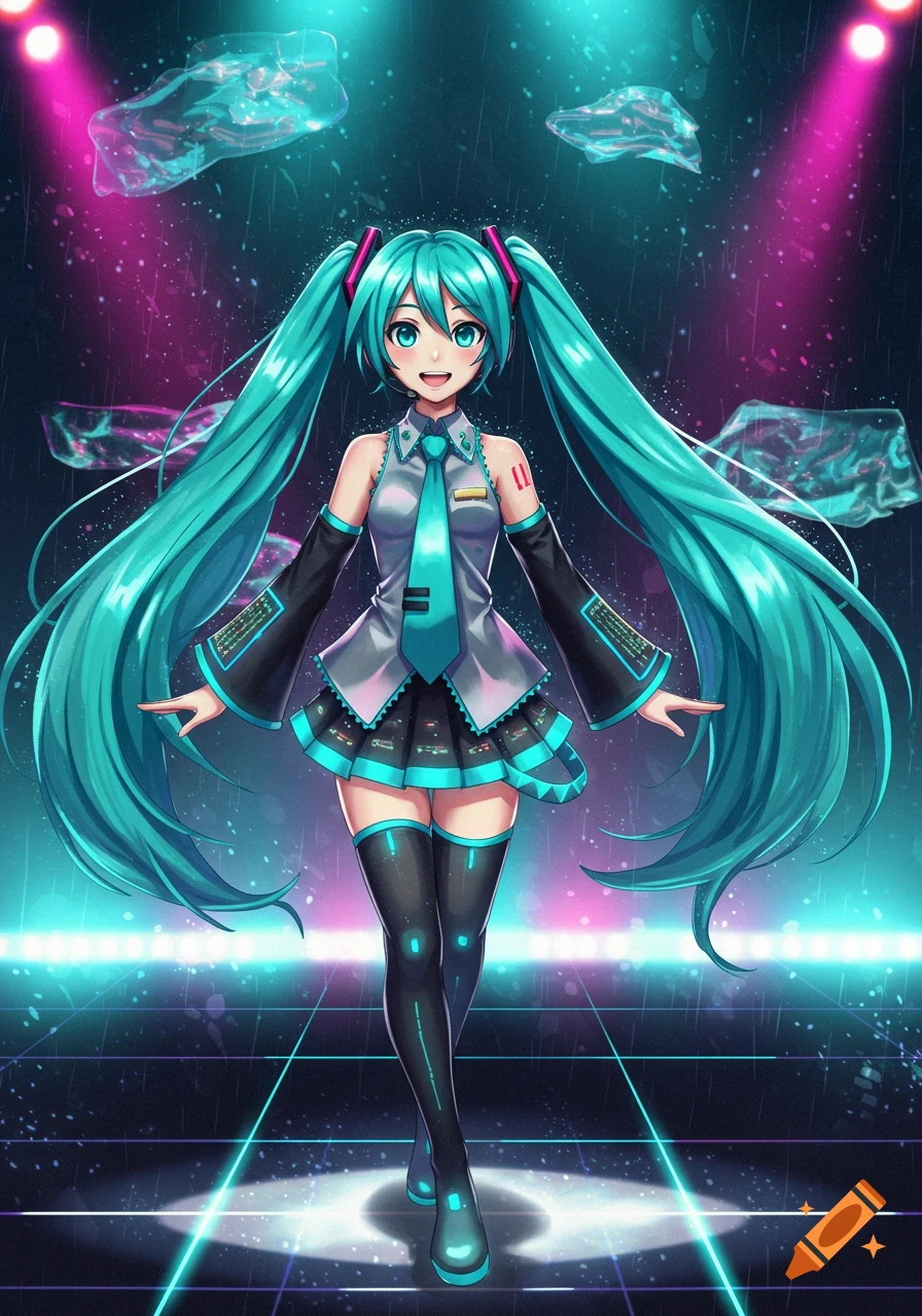 Hatsune Miku, an anime girl with long turquoise pigtails, smiles on a neon-lit stage with glowing panels and floating crystalline objects.