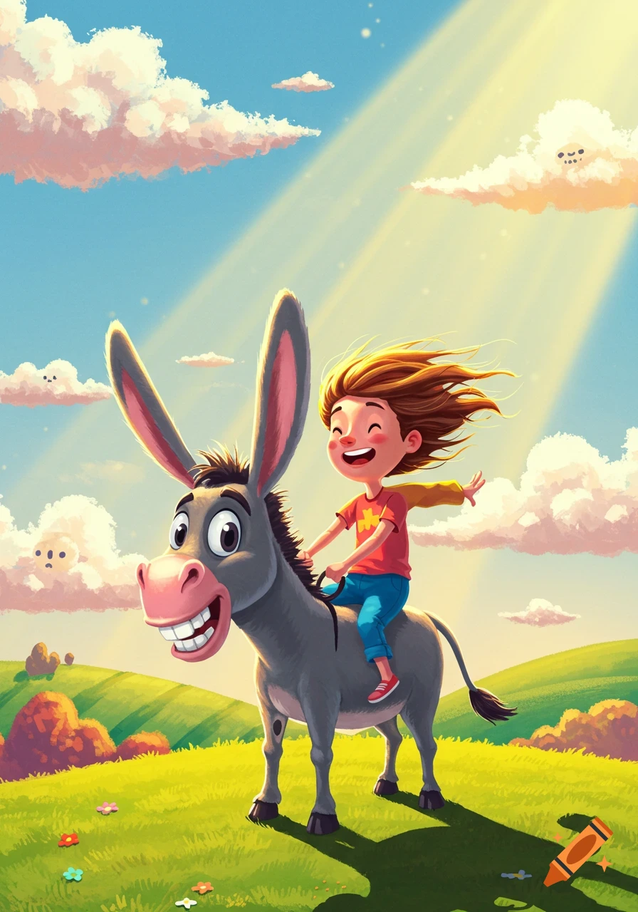 A happy cartoon child with windswept hair rides a smiling gray donkey through a bright green, hilly landscape under a sunny, blue sky with fluffy clouds.